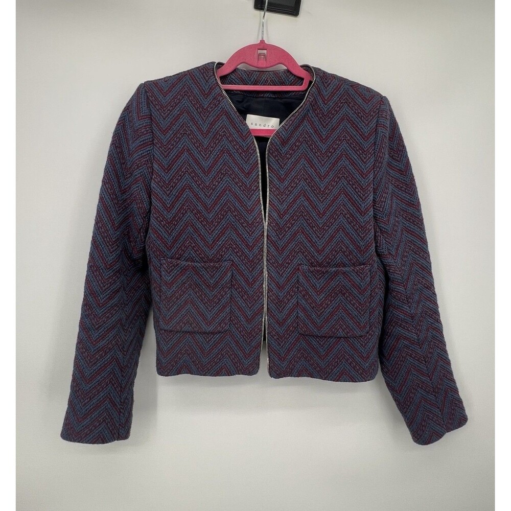 Sandro Paris Cropped Knit Blazer Jacket Sz 36 US 4 Chevron Purple Parisian Chic
